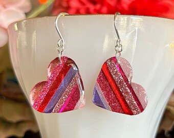 Sterling Silver Earrings, Heart Earrings, Valentine's Jewelry, Resin Earrings, Resin Art, Heart Jewelry, Sterling Jewelry, Handmade Jewelry