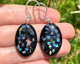 Sterling Silver Earrings, Resin Earrings, Resin Art, Holographic Jewelry, Holographic Earrings, Wire Wrapped, Unique Earrings, One Of A Kind