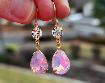 Gold Filled Earrings, Bridal Earrings, Bridal Jewelry, Crystal Dangles, Elegant Earrings, Pink Jewelry, Pink Crystals, Sparkly