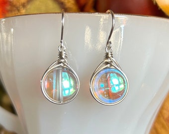 Sterling Silver, 12mm Mermaid Glass Beads, Wire Wrapped Earrings, Handmade Jewelry, Artisan Made, Unique Earrings, Beaded Jewelry