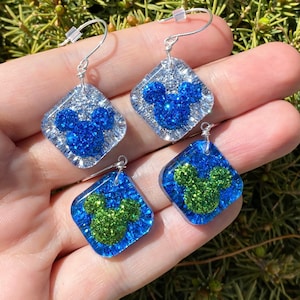 Disney Earrings, Mickey Earrings, Sterling Silver Earrings, Disney Jewelry, Mickey Jewelry, Resin Earrings, Glitter Earrings, Resin Art