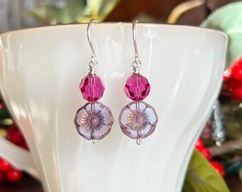 Sterling Silver Earrings, Swarovski Crystals, Flower Earrings, Pink Earrings, Pink Jewelry, Wire Wrapped Jewelry, Sterling Silver Jewelry