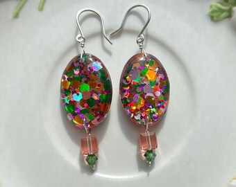 Sterling Silver Earrings, Resin Jewelry, Swarovski Crystals, Resin Art, Glitter Jewelry, Wire Wrapped, Unique Earrings, Sparkly Earrings