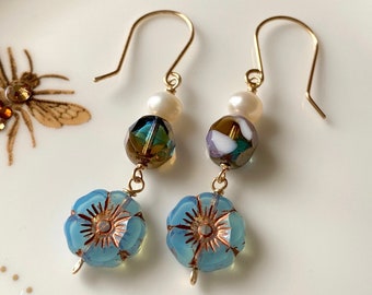 Gold Filled Pearl Earrings: Handmade Czech Glass Flower Dangles