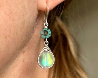 Handmade Sterling Silver Dangle Earrings: Czech Glass Flower, Mermaid Beads