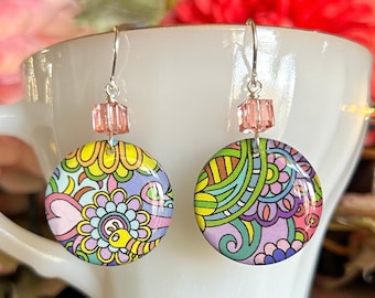 Sterling Silver Earrings, Swarovski Crystals, USA Seller, Unique Earrings, Resin Earrings, Resin Art, Colorful Jewelry, Wire Wrapped Jewelry