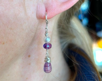 Sterling Silver Earrings, Multi Gemstone Earrings, Purple Jewelry, Pearl Earrings, Unique Earrings, Pearl Jewelry, Gemstone Dangles