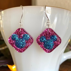 Disney Earrings, Mickey Earrings, Sterling Silver Earrings, Disney Jewelry, Mickey Jewelry, Resin Earrings, Glitter Earrings