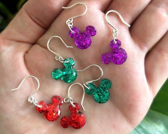 Mickey Earrings, Sterling Silver Earrings, Dangle Earrings, Disney Jewelry, Mickey Jewelry, Resin Earrings, Glitter Earrings, Resin Art