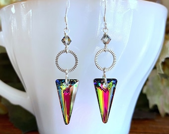 Swarovski Crystal, USA Seller, Sterling Silver, Sterling Earrings, Edgy Earrings, Wire Wrapped, Sterling Jewelry, Rainbow Jewelry, Unique