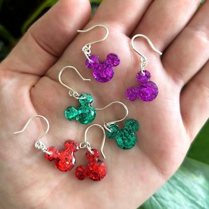 Mickey Earrings, Sterling Silver Earrings, Dangle Earrings, Disney Jewelry, Mickey Jewelry, Resin Earrings, Glitter Earrings, Resin Art