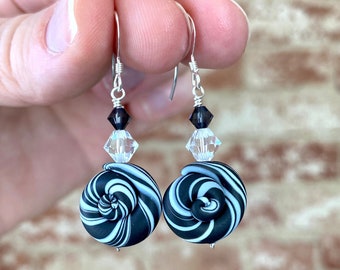 Sterling Silver Swarovski Crystal Earrings: Black & White Polymer Clay