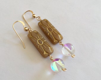Gold Filled Dangle Earrings: Czech Glass Flower, Mermaid Beads