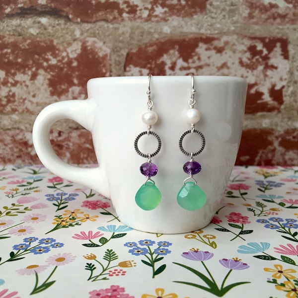 Sterling Silver Earrings, Amethyst, Green Chalcedony, Genuine Pearls, Gemstone Earrings