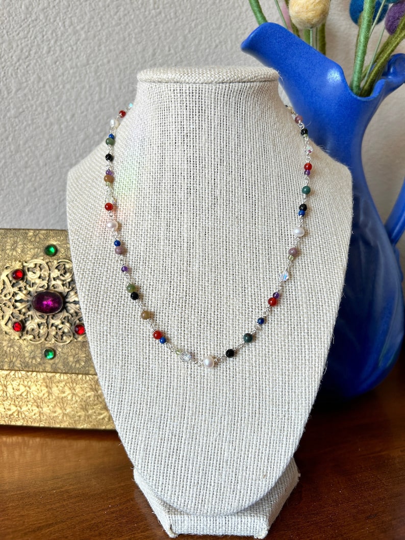 Sterling Silver Necklace, Multi Gemstone Necklace, Handmade Jewelry, Wire Wrapped Jewelry, Gemstone Jewelry, Artisan Made Jewelry, Unique image 1