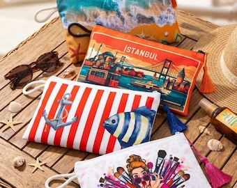 Summer Canvas Makeup Bag with Tassel Beach Cosmetic Pouch Travel Organizer