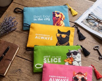Funny Cartoon Cat Dog Zippered Pouch Canvas Purse Organizer Travel Pencil Case