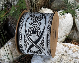 Grey Black Royal Jacquard Trim (2.75 inches), Vintage Decorative Craft Ribbon