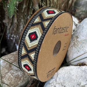 Cream -Brown Jacquard Ribbons, 35mm (1.37 inches) - Geometric Embroidered and Woven Trim