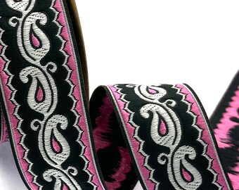 Pink & Black Paisley Jacquard Ribbon - Embroidered Craft Trim