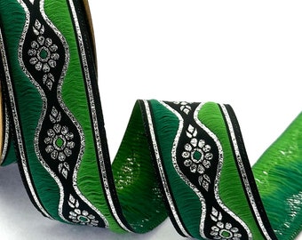 Cinta de jacquard bordada: cinta de costura tejida con flores verdes (35 mm)