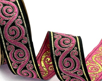 Pink & Black Embroidered Jacquard Ribbon - 35mm Woven Trim