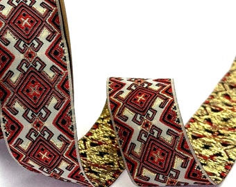 Red and White Mystic Jacquard Ribbon: Woven Sewing Trim