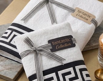 White Velvet Turkish Cotton Towel Set: Embroidered Greek Key Design