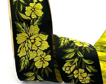 Jacquard Ribbon Floral Trim for Home Decoration, Woven Jacquard Fabric, 50 mm Embroidered Ribbon, Sewing Craft Trim, Yellow Garment Trim