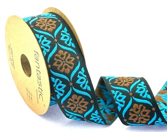 Turquoise Jacquard Ribbon: Mediterranean Woven Trim, 35 mm