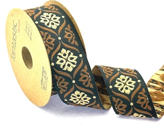 May include: A roll of decorative ribbon with a repeating floral pattern in brown and cream on a dark green background. The ribbon is labeled "fantastic" and is 5 yards long.