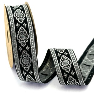 Black Jacquard Ribbon Trim: Embroidered Sewing Decor, 35mm Wide