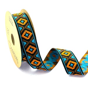 Jacquard Borte geometrisch: Webband Blau & Orange (25 mm)