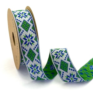 Green Jacquard Ribbon Trim: Geometric Woven Sewing Fabric (35mm)