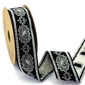 Jacquard Ribbon Trim, Medieval Motif Jacquard Border for Hat Decoration, Gray and Black Jacquard Trim, Sewing Craft Ribbon, Garment Trim