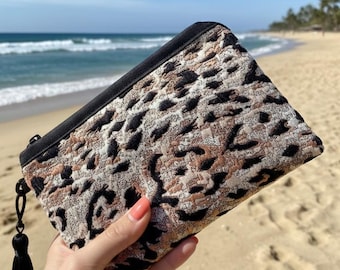 Handmade Leopard Print Mini Pouch, Woven Polyester Zipper Wallet