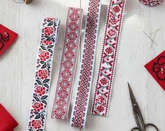 Red Black Floral Ribbon Set 4 Rolls Folk Embroidery Jacquard Trim 2m Each Decorative