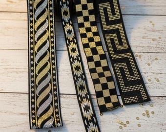 Black Gold Silver Metallic Ribbon Set 4 Rolls Jacquard Trim 2m 2.2yd Each Decorative