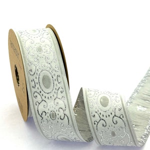 Silver Gray Jacquard Ribbon: Geometric Embroidered Woven Trim (35 mm)