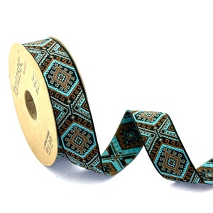 Geometric Jacquard Ribbon Trim: Brown & Turquoise Woven Fabric, 1&quot; (25mm)