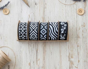 Black White Ribbon Set 5 Rolls Zebra Floral Geometric Jacquard Trim 2m Each Decorative