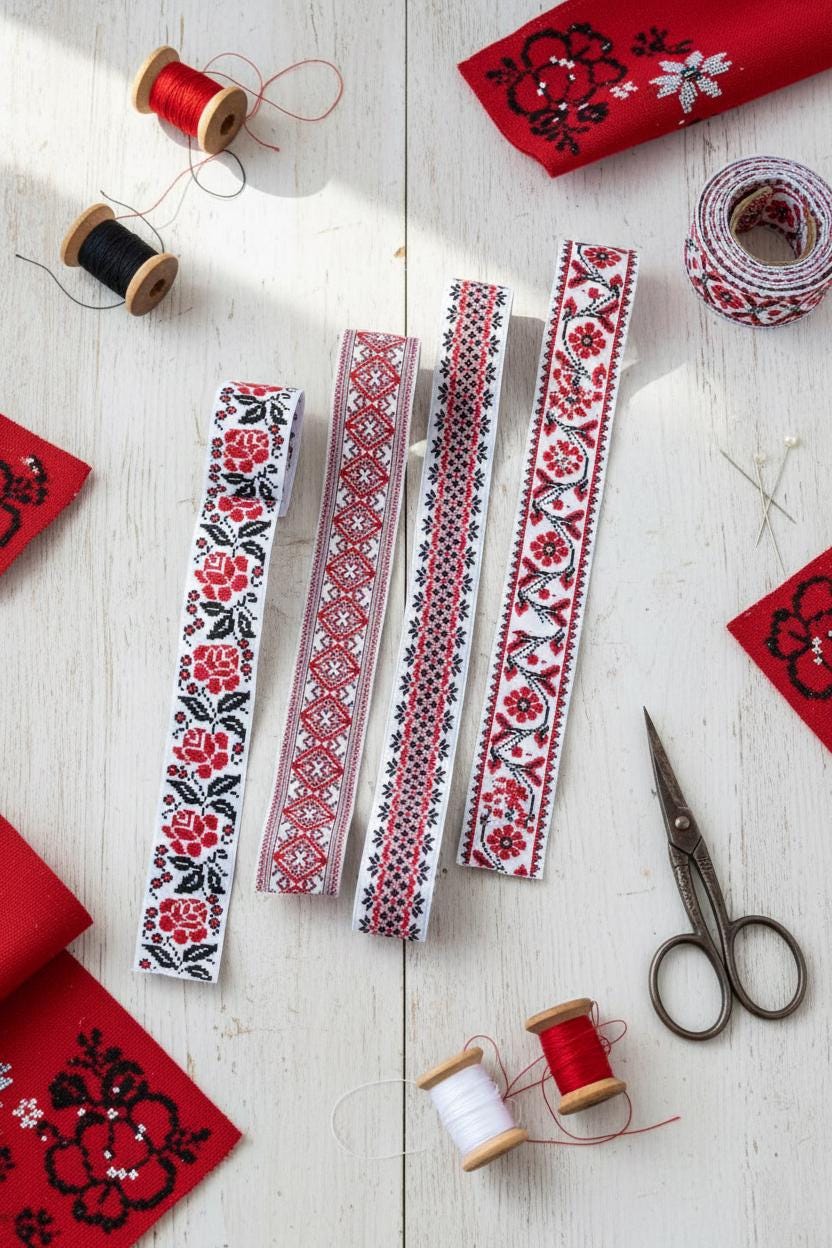 Red Black Floral Ribbon Set 4 Rolls Folk Embroidery Jacquard Trim