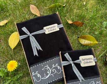 Luxury Black Velvet Turkish Cotton Towel Set: Silver Embroidered Baroque Design