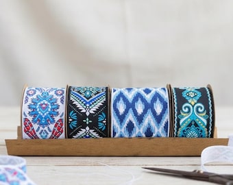 Blue Turquoise Ikat Ribbon Set 4 Rolls Boho Geometric Jacquard Trim 2m Each Decorative
