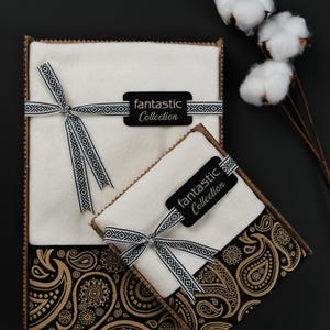 Luxury White Velvet Bath Towel Set: Golden Paisley Embroidered Turkish Cotton