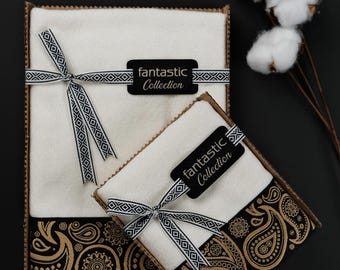 Luxury White Velvet Bath Towel Set: Golden Paisley Embroidered Turkish Cotton