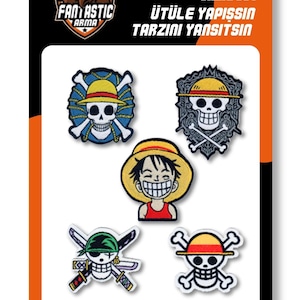 Set di 5 toppe termoadesive a tema pirati anime, toppe ricamate con teschi di pirati, set di applicazioni da spadaccino per giacche, borse, zaini e cappelli