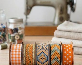 Orange Gold Ribbon Set 5 Rolls Gingham Polka Dot Boho Trim 2m Each Decorative