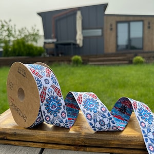 Stickerei Jacquard Band Borte für DIY Kleidung Dekoration, Blaue und Rote Tulpen Webstoff Borte, 5,5 cm Breite Kostüm Borte