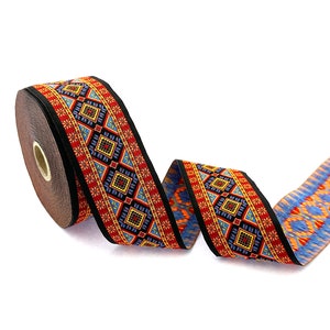 Jacquard Ribbon for DIY Clothing Accessories - Red and Yellow Trim for Home Decor, 50 mm Decorative Sewing Trim, Geometric Woven Ribbon